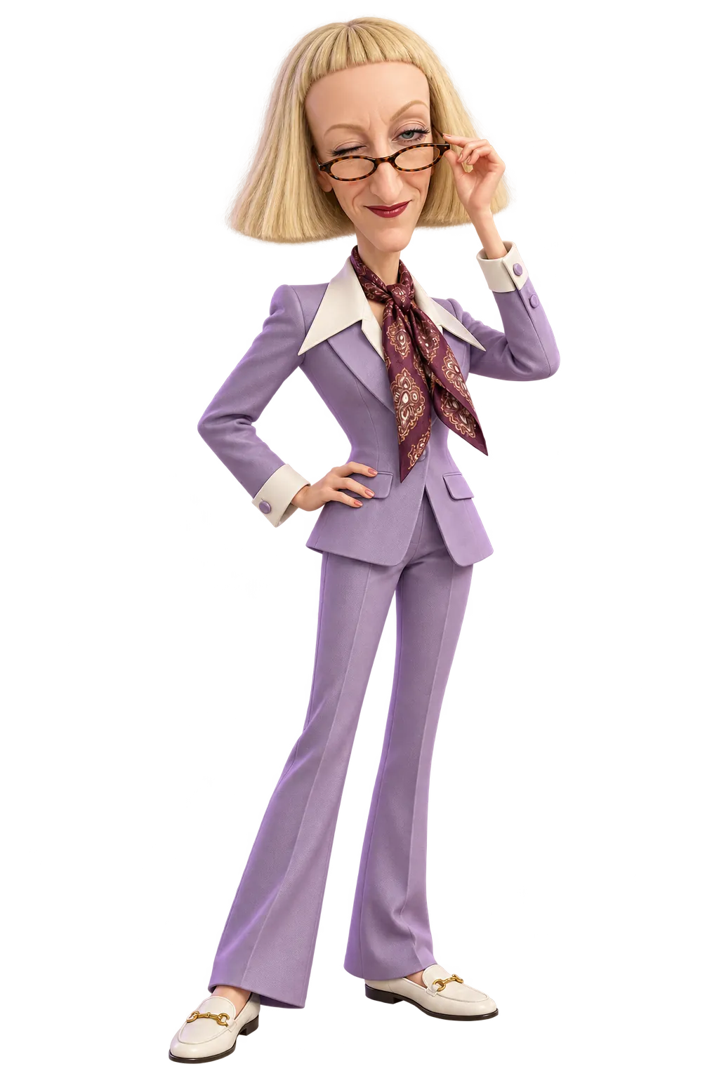 KI-generierte 3D-Figur mit blondem Bob, ovaler Brille und fliederfarbenem Anzug