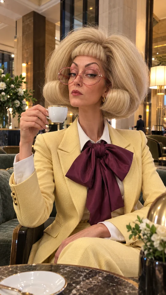 KI-Bildkonzept: Bonnie Bouffant mit großer blonder Frisur, gelbem Anzug und Espresso im Hotel.
