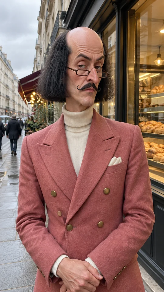 KI-Bildkonzept: Edgar Highbrow mit hoher Stirn, schwarzem Seiten-Bob und rosa Anzug vor einer Bäckerei.