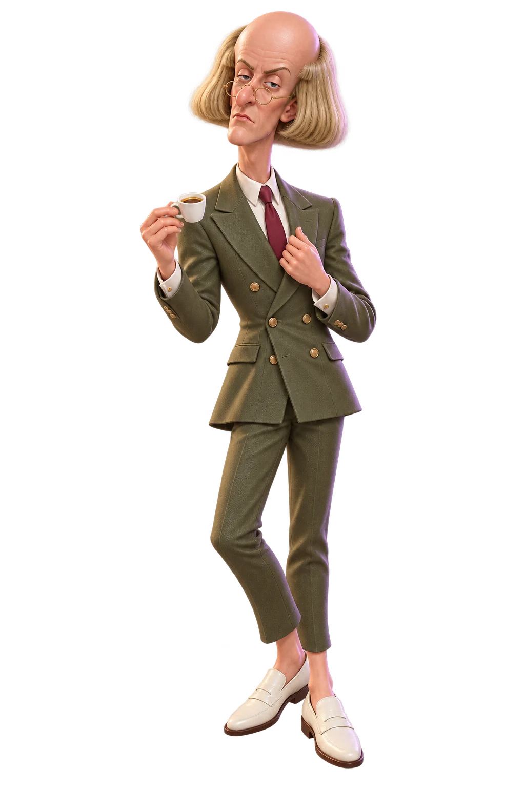 Fictional AI character with a shiny bald top, blonde bob on the sides and an olive-green suit – shown as a digital Original pack in front-facing blister packaging.
