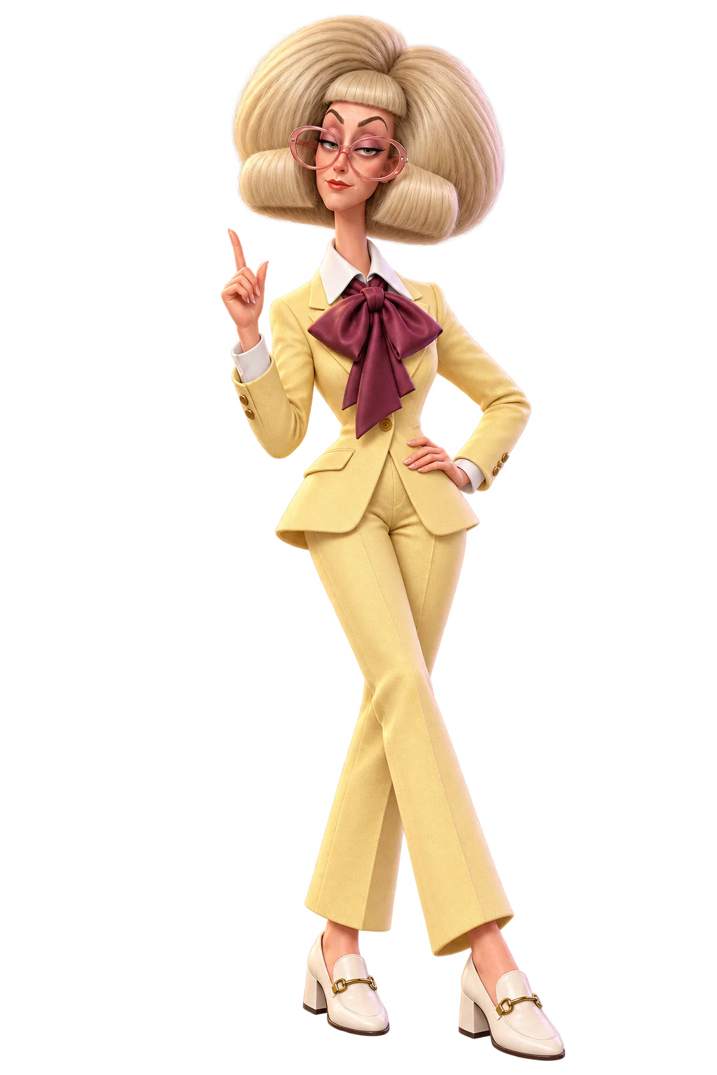 Fictional AI character with an oversized blonde bouffant bob, tiny bangs and a yellow suit – shown as a digital Original pack in front-facing blister packaging.