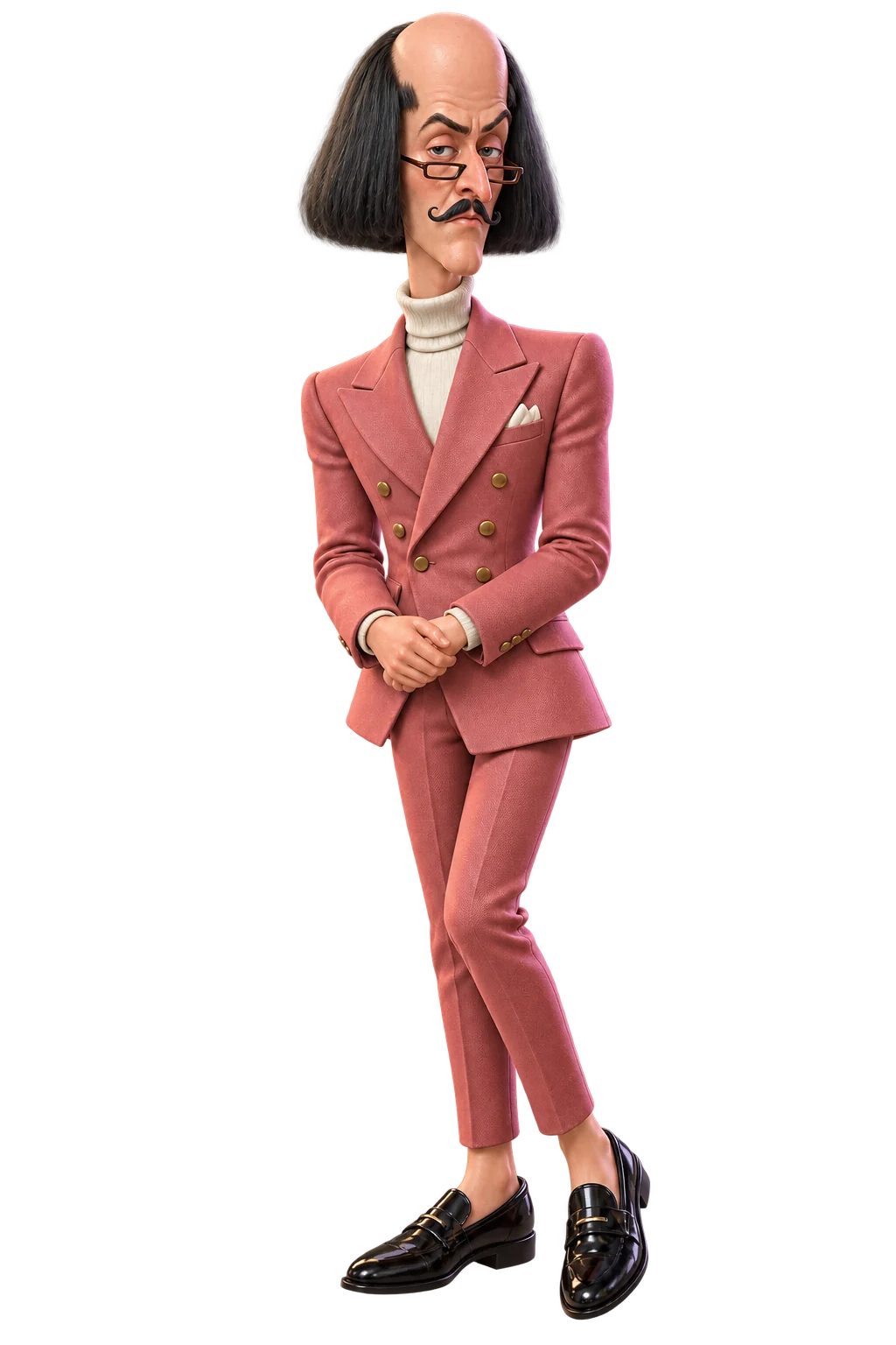Fictional AI character with a high bald forehead, a black side-swept pageboy and a blush-pink suit – shown as a digital Original pack in front-facing blister packaging.