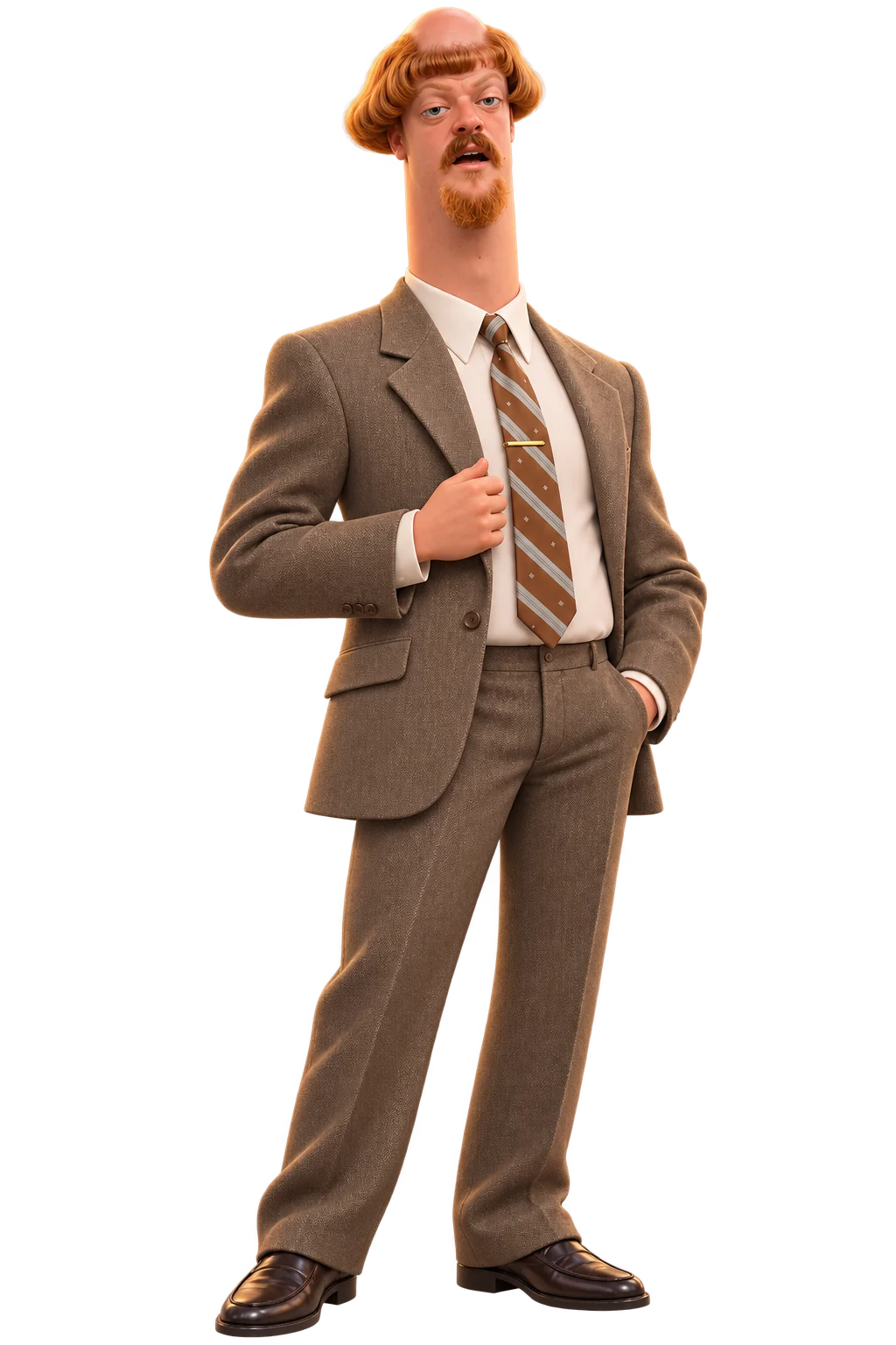 AI-generated 3D fan interpretation of Harold Puddington with a copper-red bowl cut, bald crown, moustache, very long neck and a brown tweed suit with a striped tie
