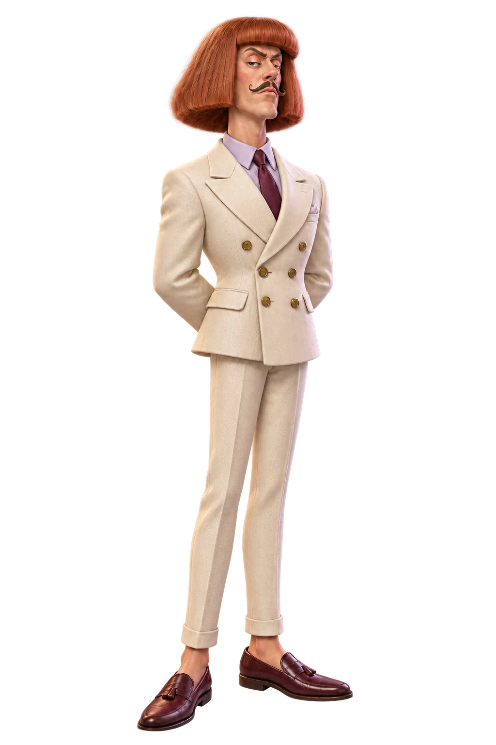 Fictional AI character with a long neck, copper-red bob and a cream suit – shown as a digital Original pack in front-facing blister packaging.
