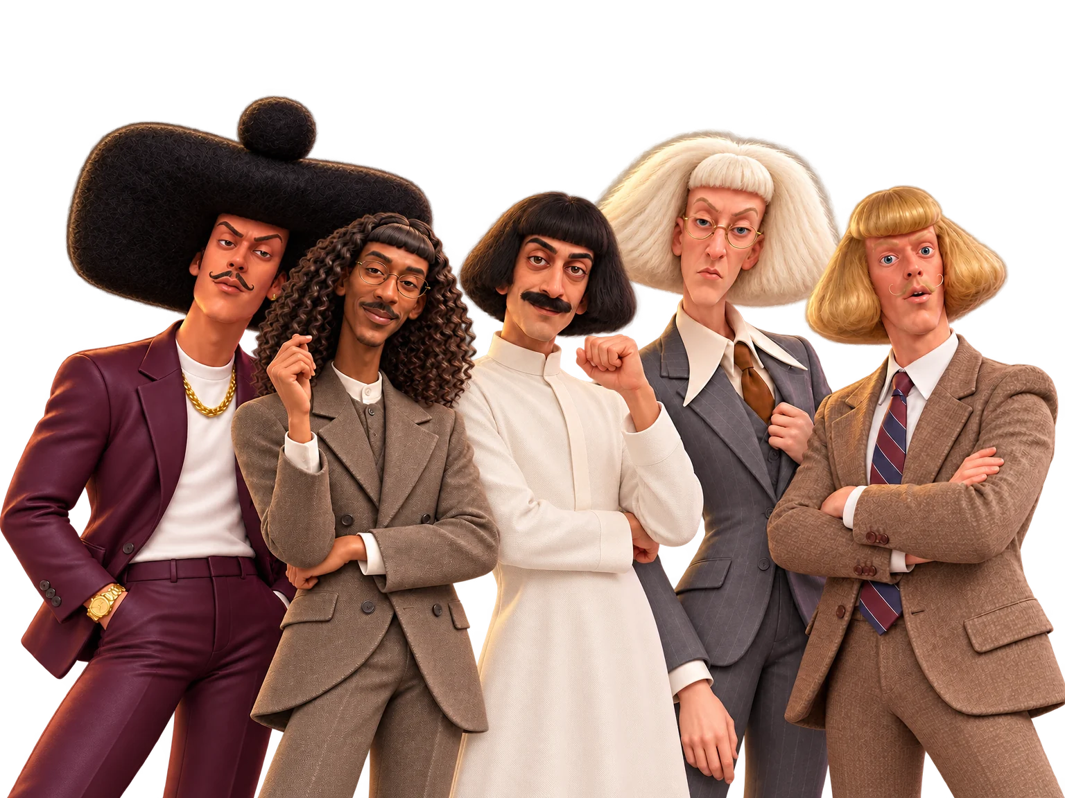 Phil Jean, Leopold Delarue, Abu Shalab, Edith Paf and Jean Phil together as stylized 3D fan interpretations: a group portrait with distinctive hairstyles and elegant outfits.