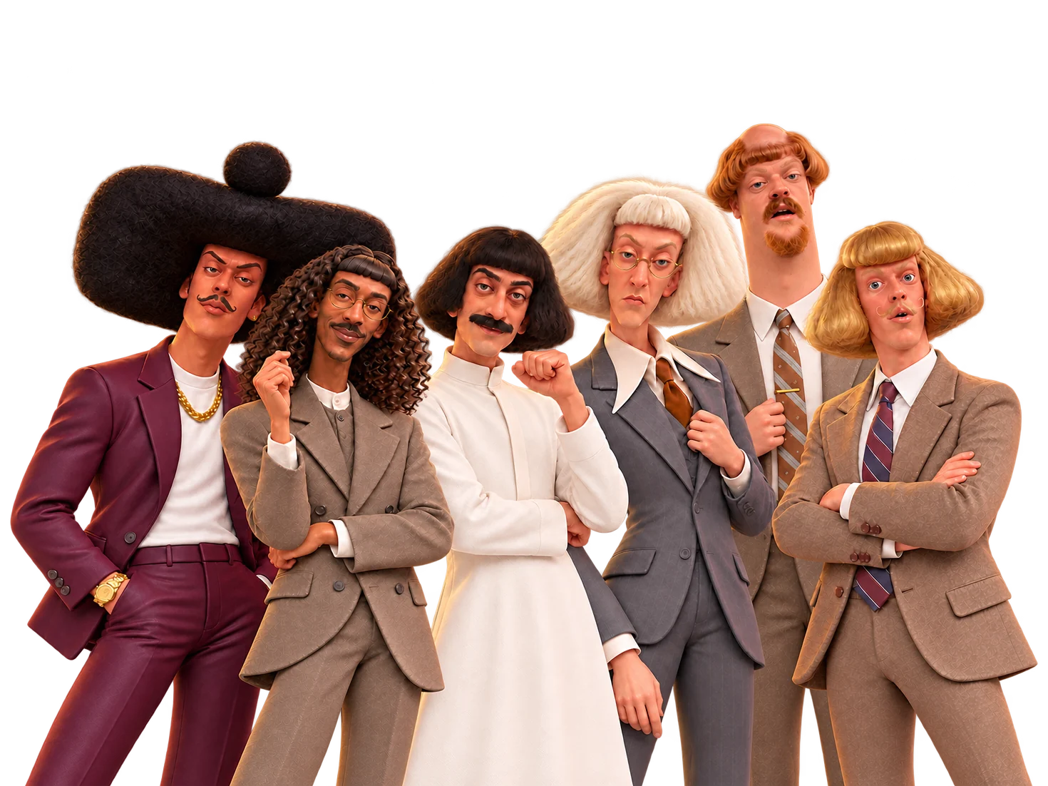Phil Jean, Leopold Delarue, Abu Shalab, Edith Paf, Harold Puddington and Jean Phil together as stylized 3D fan interpretations: a group portrait with distinctive hairstyles and elegant outfits.