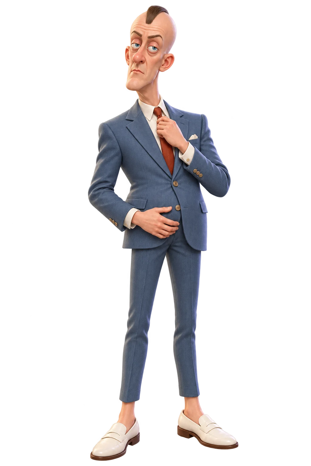 Fictional AI character with slightly bulging blue eyes, subtle dark circles, a narrow central strip of hair, a small belly, thin legs and a blue suit – shown as a digital Original pack in front-facing blister packaging.