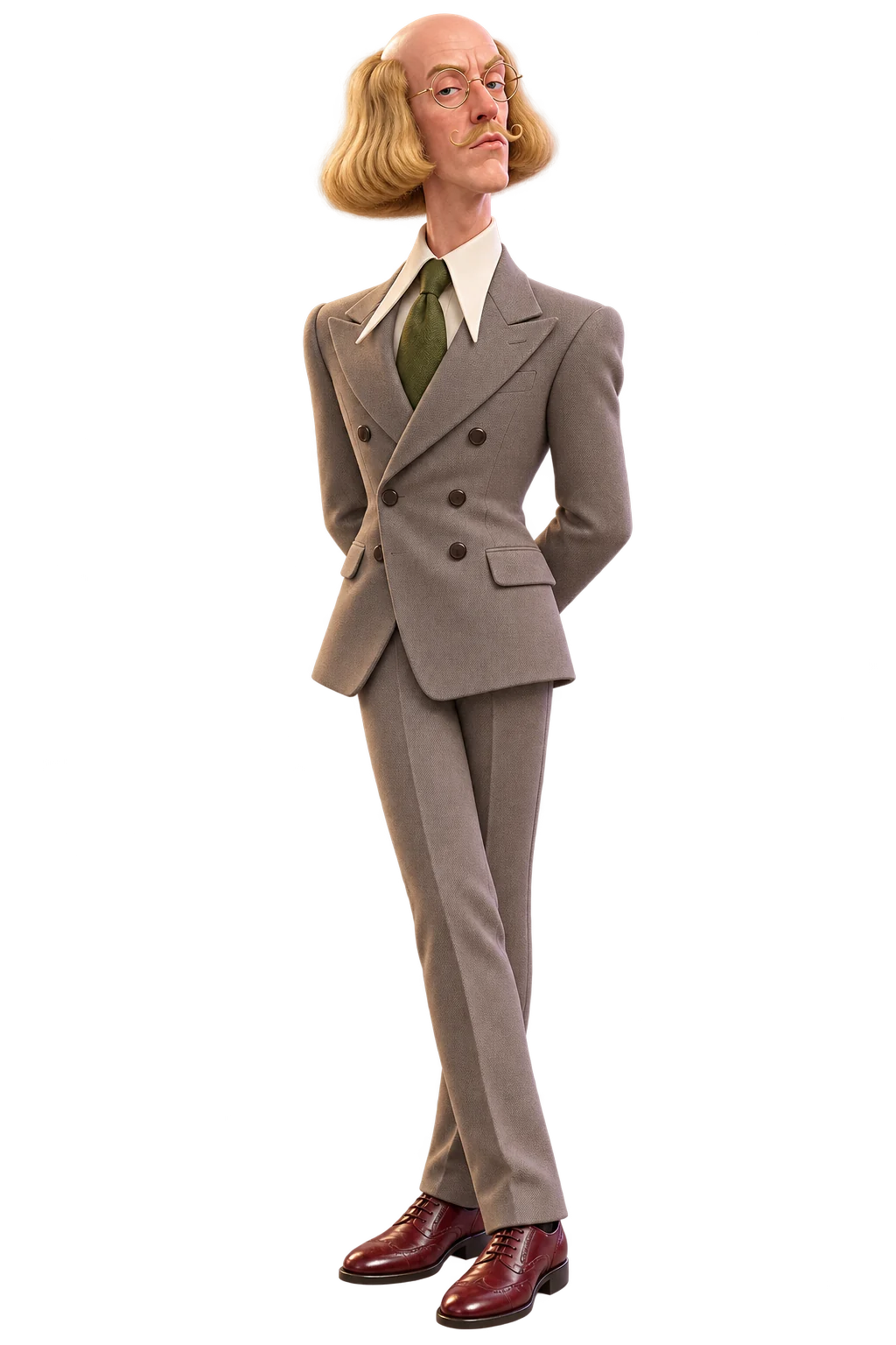 Fictional AI character with a copper-red side bob, a bare bald top and a taupe wool suit – shown as a digital Original pack in front-facing blister packaging.