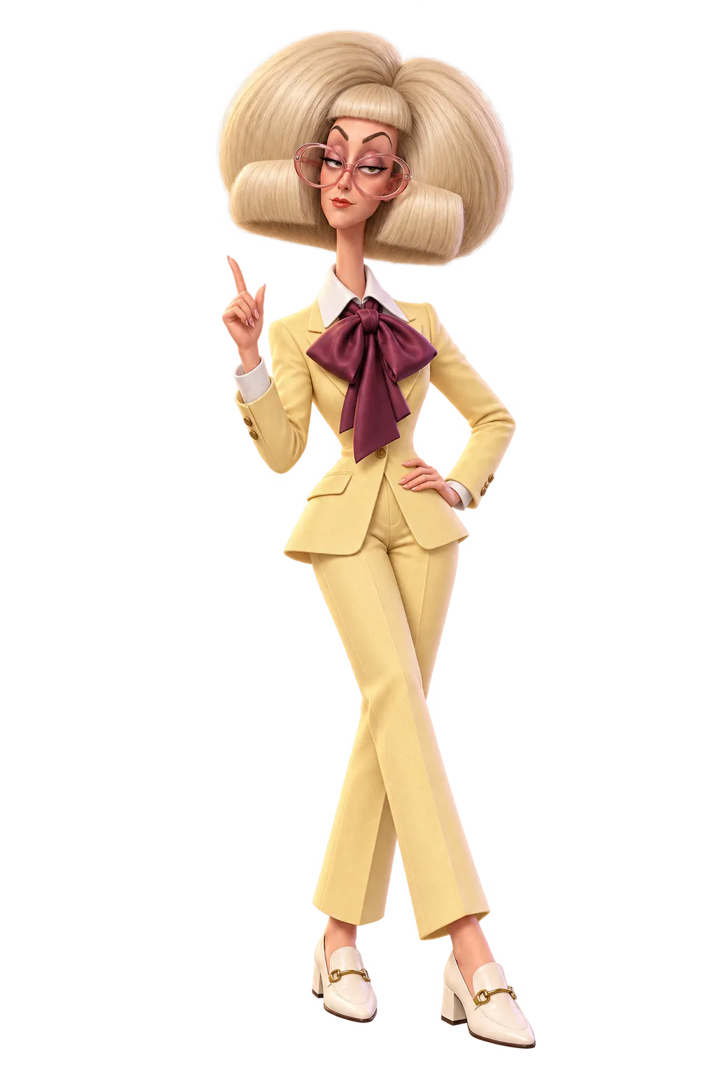 Personaje ficticio de IA con un enorme bob cardado rubio, flequillo diminuto y traje amarillo – presentado como pack digital original en un blíster frontal.