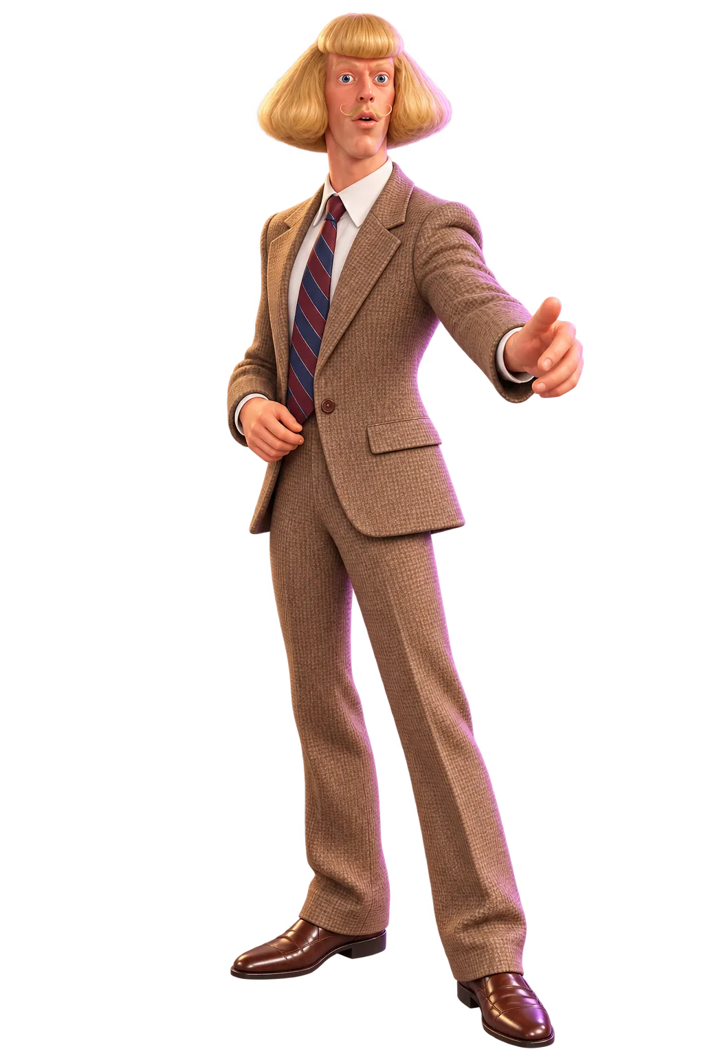 Interpretación 3D generada con IA de la figura de referencia de pelo rubio dorado con bob ancho, bigote fino y traje de tweed marrón