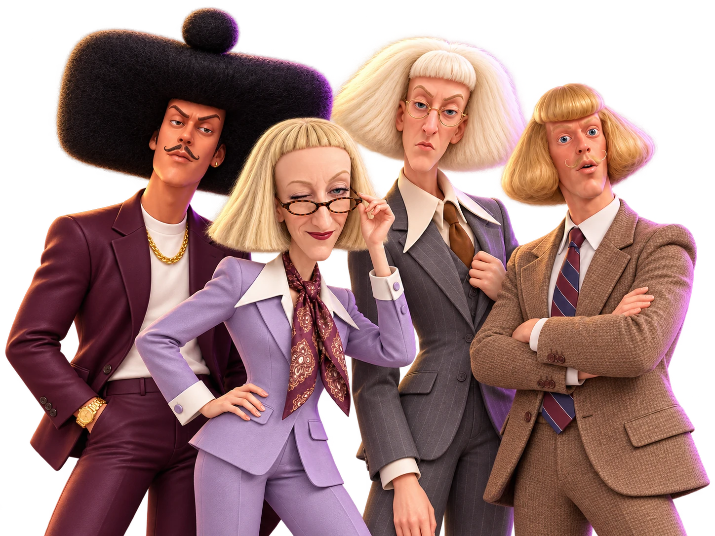 Phil Jean, Brigitte Macaron, Edith Paf, Jean Phil insieme come interpretazioni fan 3D stilizzate: un ritratto di gruppo con acconciature inconfondibili e abiti eleganti.