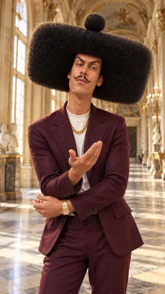 Koncepcja obrazu AI: Phil Jean w bordowym garniturze, z kanciastą fryzurą afro, w pałacu.